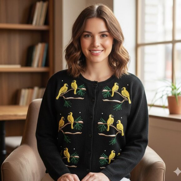 Bobby C Cardigan Womens Black Yellow Bird Embroidered Sweater Size XL - Picture 1 of 5